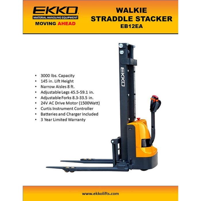 EKKO EB12EA Electric Straddle Stacker || 145" || 3,000 LBS