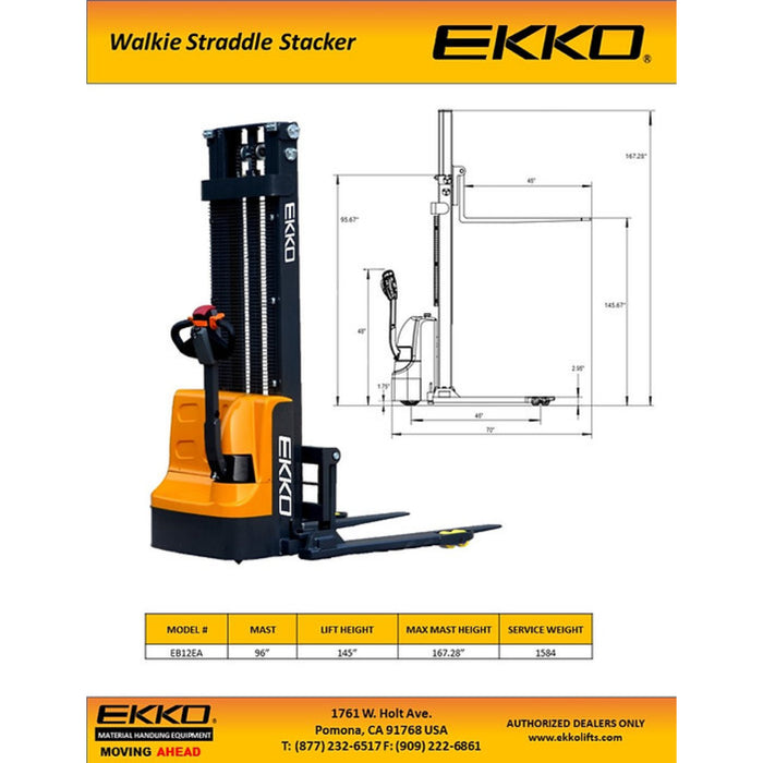 EKKO EB12EA Electric Straddle Stacker || 145" || 3,000 LBS