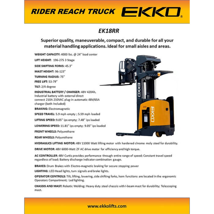 EKKO EK18RR Stand-Up NA Reach Truck || 196" or 275" || 4000 LBS